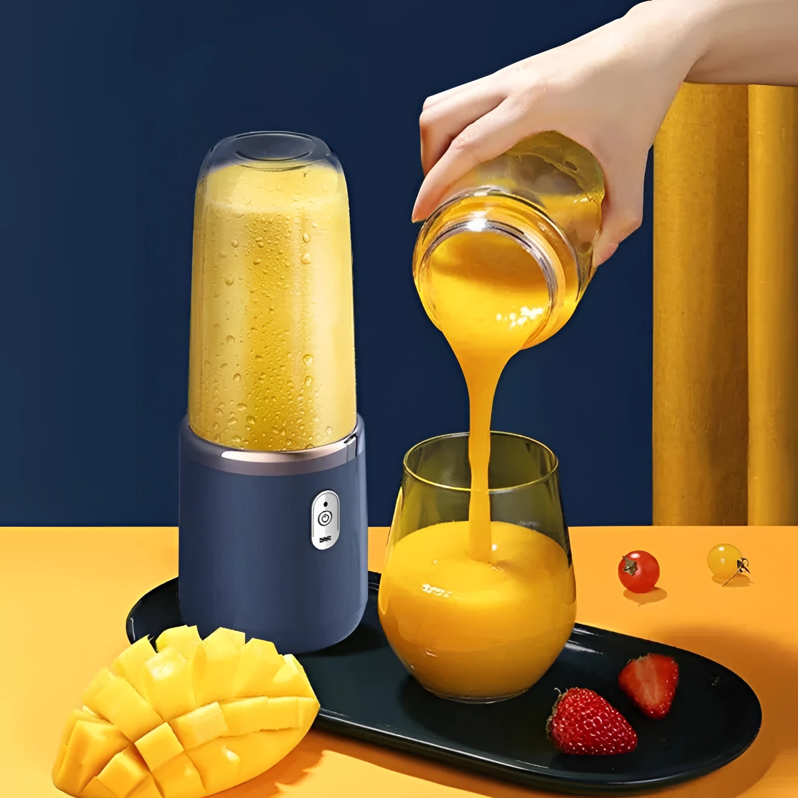 Portable USB rechargeable juicer blending a yellow smoothie in a transparent container with surrounding natural food ingredients.