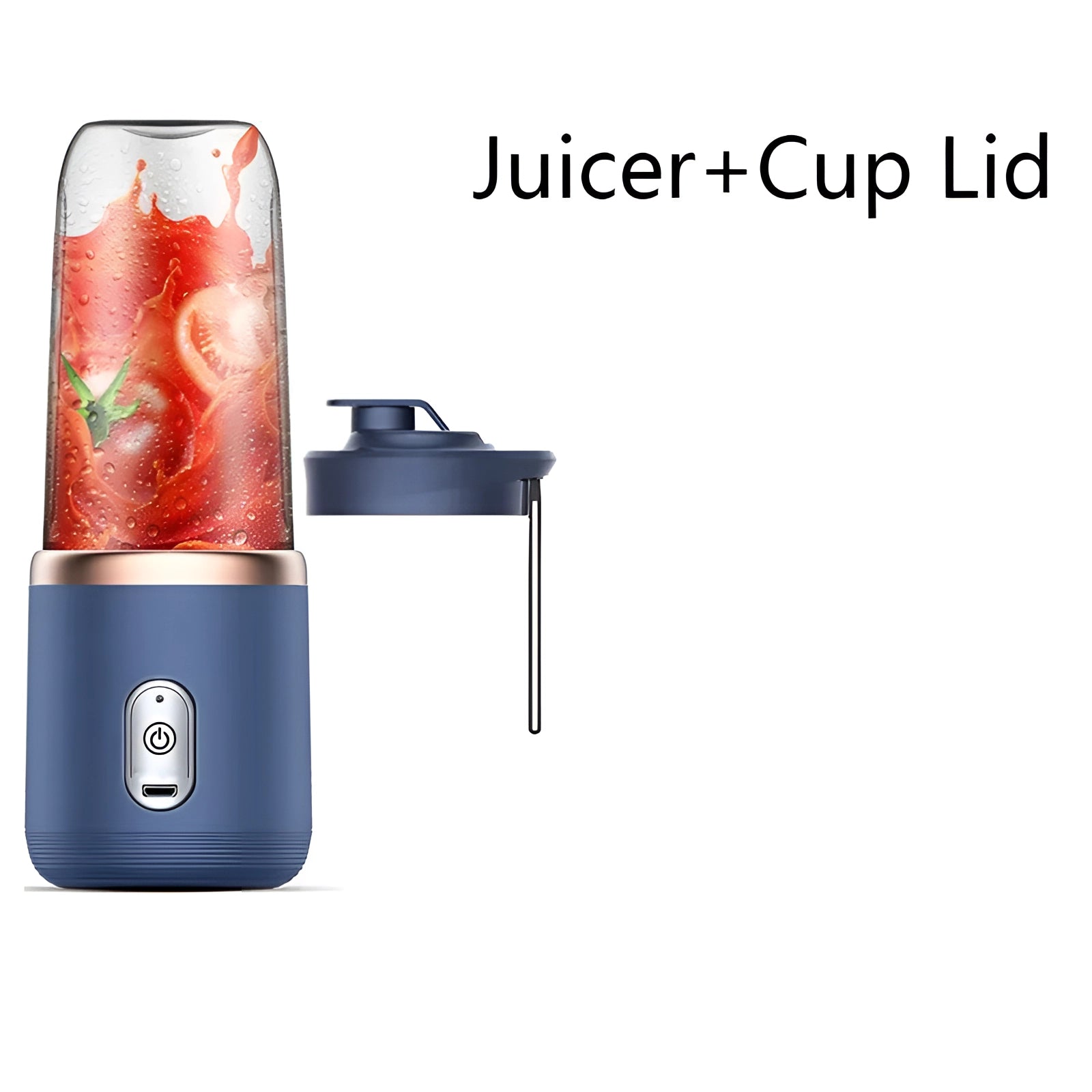 Portable USB rechargeable juicer in a sleek blue design, featuring a cylindrical shape with a clear container filled with a vibrant fruit smoothie, suitable for travel and on-the-go blending.