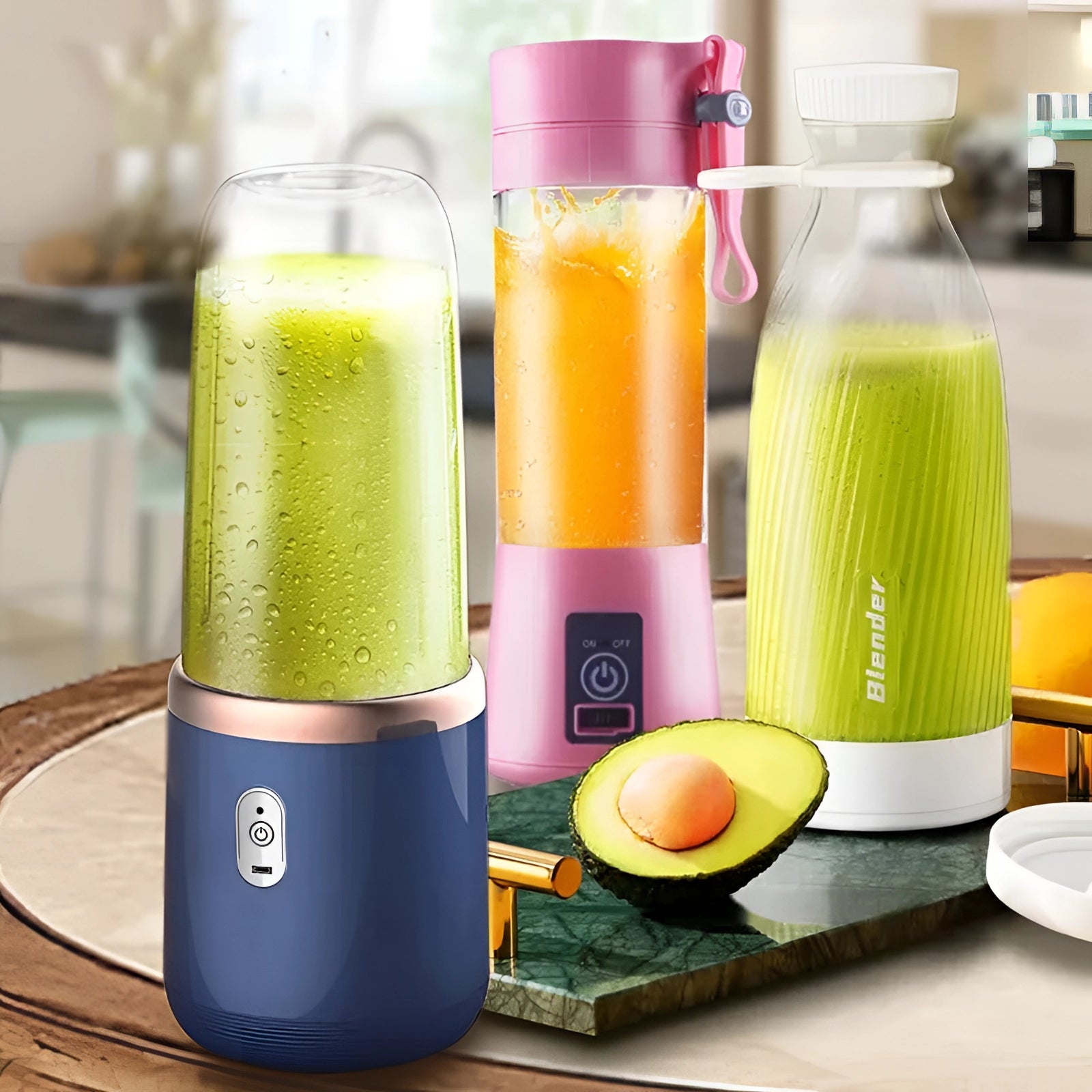 Portable USB rechargeable juicer filled with yellow liquid, resembling juice, positioned on a flat surface. The compact and travel-friendly design features a clear cup section for blending ingredients, making it ideal for on-the-go smoothie preparation.