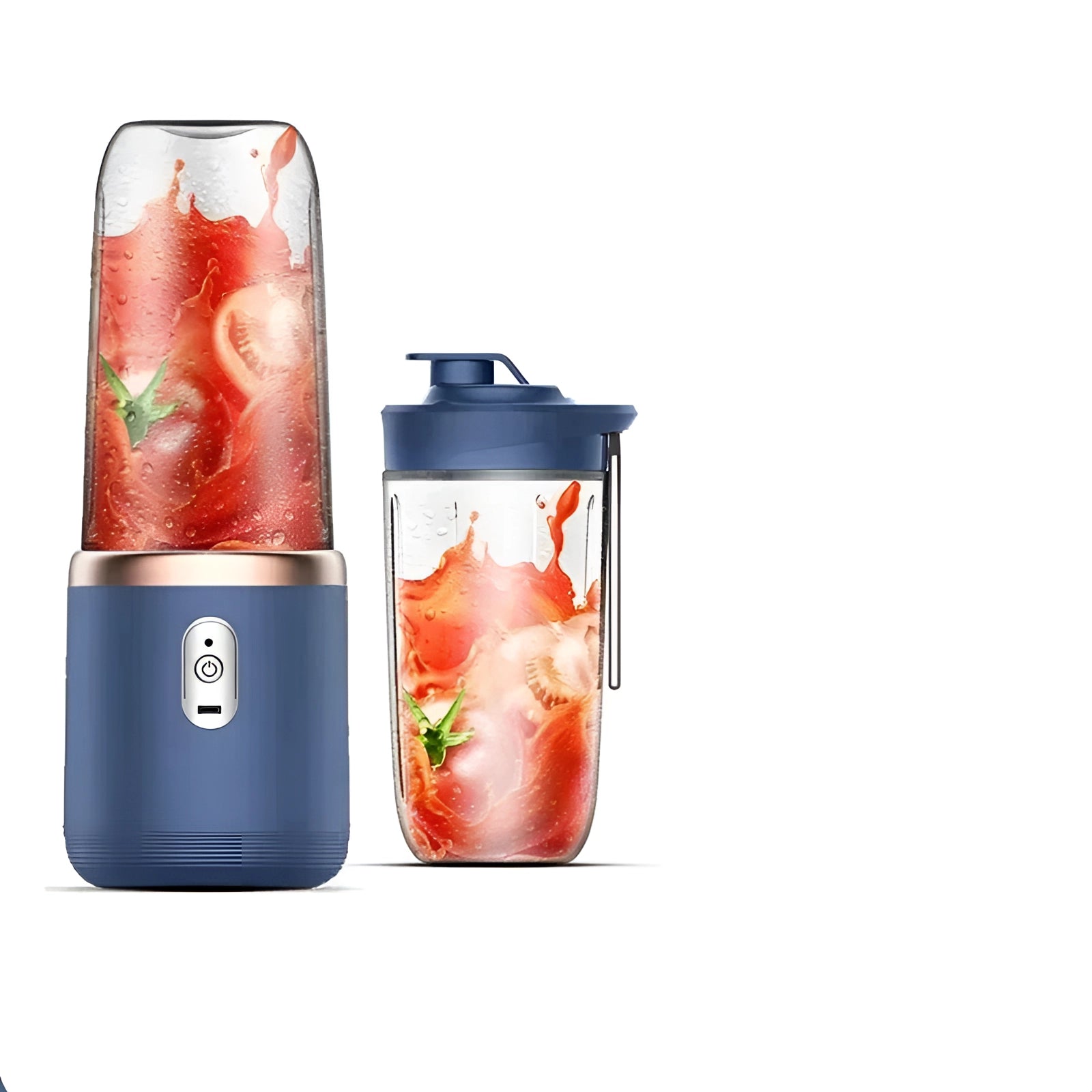 Portable USB rechargeable juicer in blue, featuring a sports cup design. The juicer is shown alongside fresh fruit ingredients, emphasizing its use for making smoothies or drinks on the go.