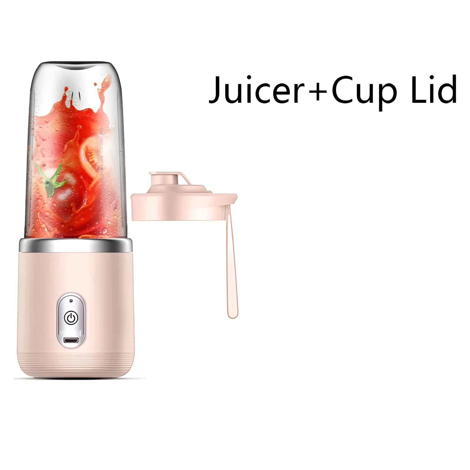 Portable USB Rechargeable Juicer in pink with a lid, shown on a kitchen countertop. The compact blender is designed for making smoothies and features clear drinkware with visible fruit pieces inside, indicating freshness and convenience for travel.