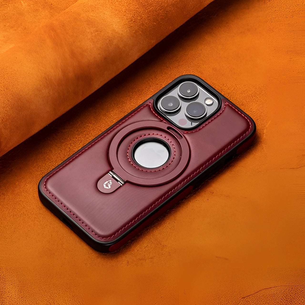 A red premium leather iPhone 13 case designed for iPhone 12 Pro Max, featuring MagSafe compatibility and enhanced camera protection.