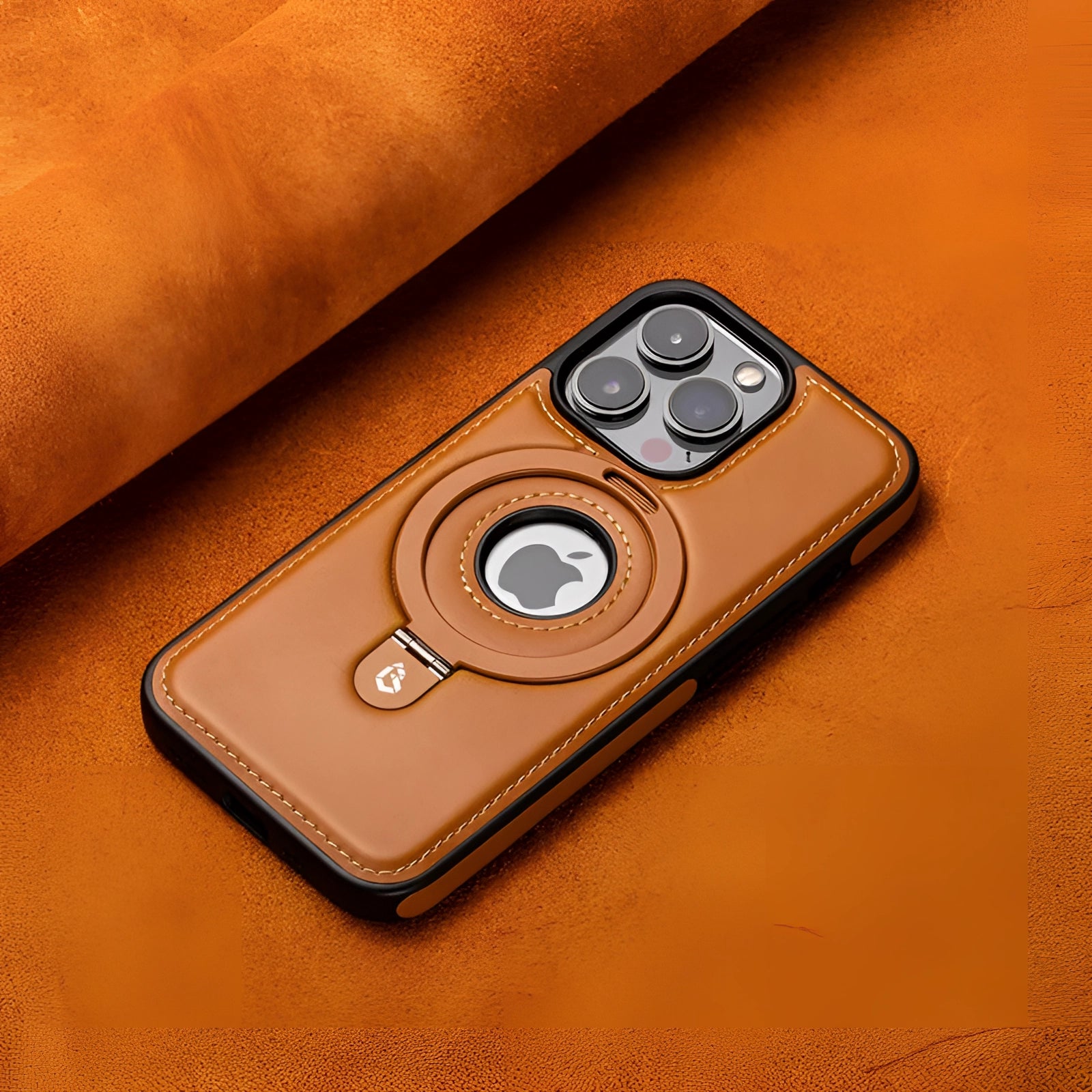 Premium leather iPhone case in Braun color designed for iPhone 12 Pro Max, featuring MagSafe compatibility and camera protection.