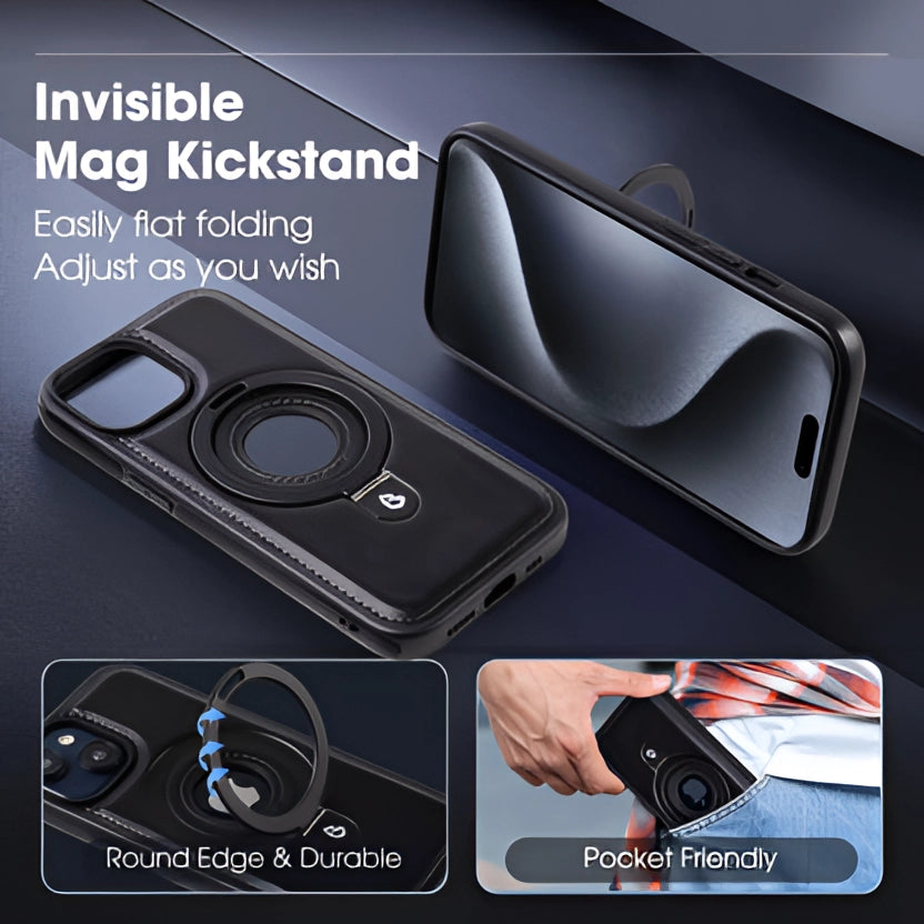 Premium leather iPhone 13 case featuring MagSafe compatibility and enhanced camera protection, designed for luxury and durability.