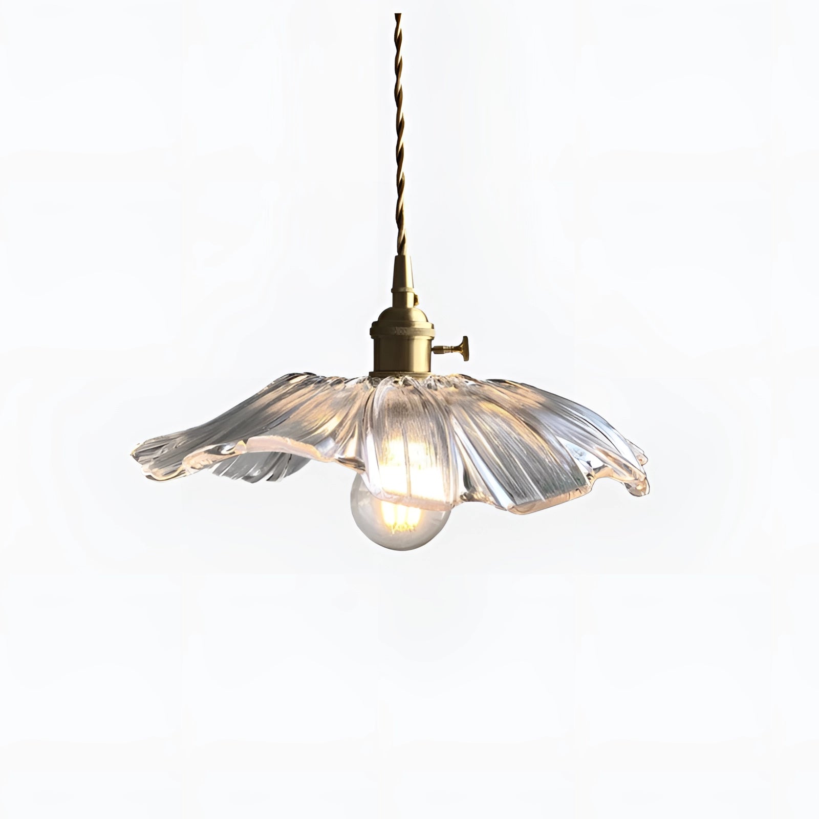 Purple handblown glass pendant light with a flower design, artistically crafted as a ceiling fixture, showcasing intricate details with a smooth and elegant finish against a ceiling backdrop.