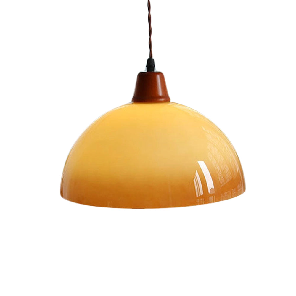 Retro Yellow Mid-Century Pendant Light hanging from a ceiling, featuring a wood accent, cone shape, and modern design, illuminating a stylish interior space with plant decor.