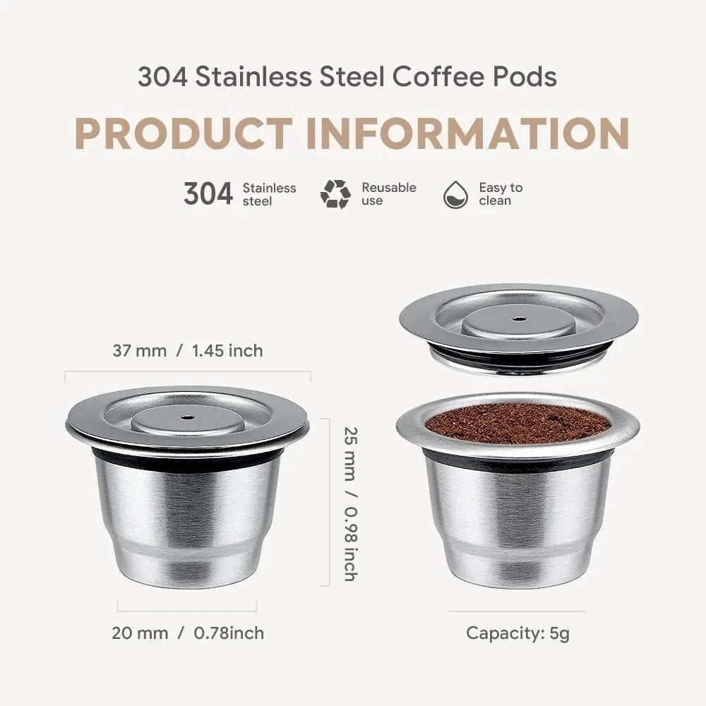 Reusable stainless steel coffee pod with a shiny cylindrical shape, designed for eco-friendly and refillable use in coffee machines.