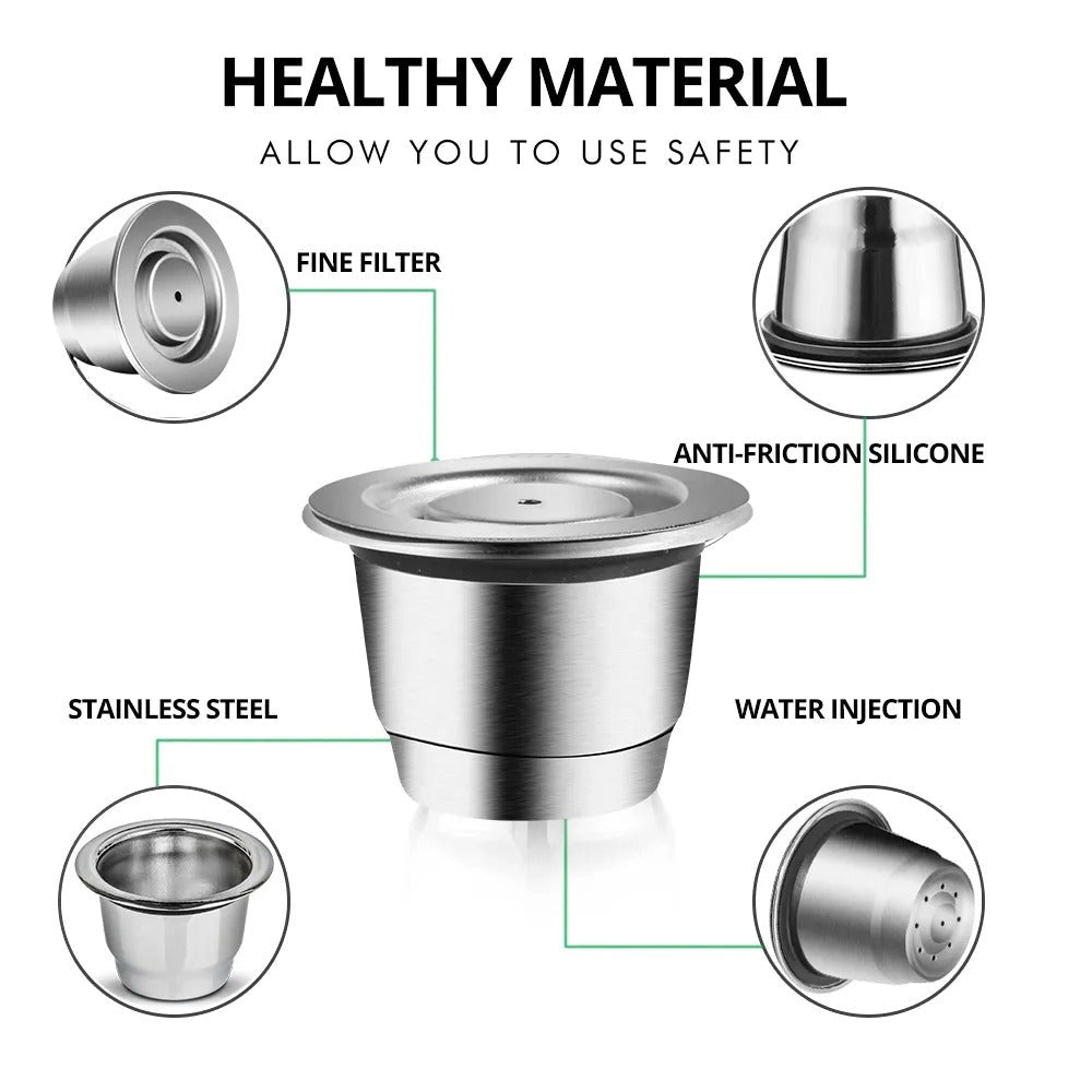 Reusable stainless steel coffee pod featuring a cylindrical shape, with a sleek metal finish resembling aluminum or titanium, designed for eco-friendly and refillable use.