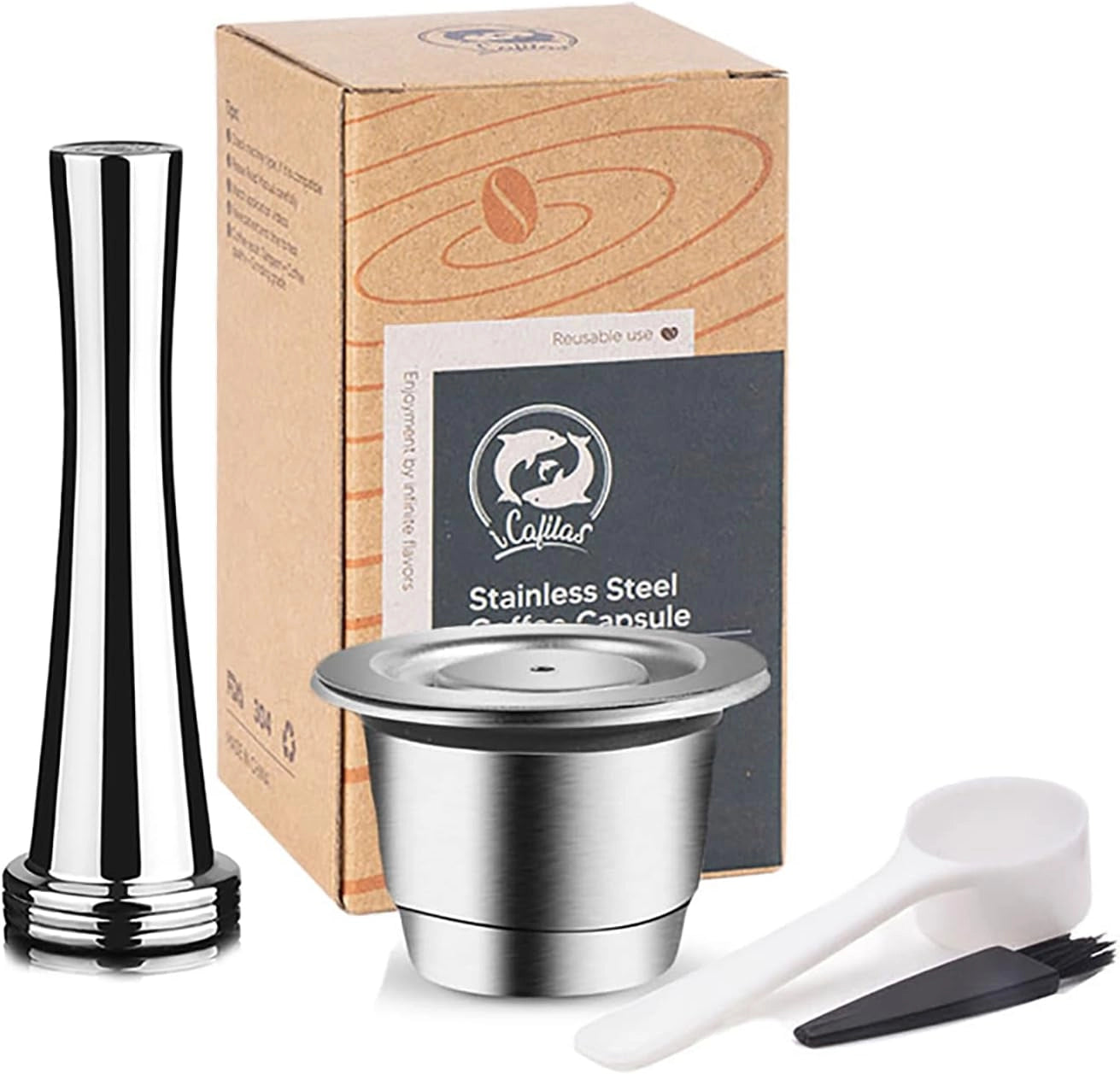 Reusable stainless steel coffee pod, eco-friendly and refillable, designed as a cylindrical capsule ideal for brewing coffee, shown with a polished surface suitable for drinkware use.