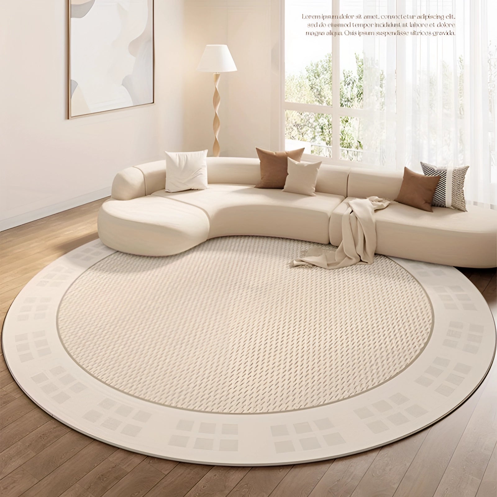 A round beige rug with a soft texture placed on a wooden floor in a contemporary minimalist setting. The rug complements the interior design, blending with furniture and lighting to create a comfortable and stylish atmosphere.