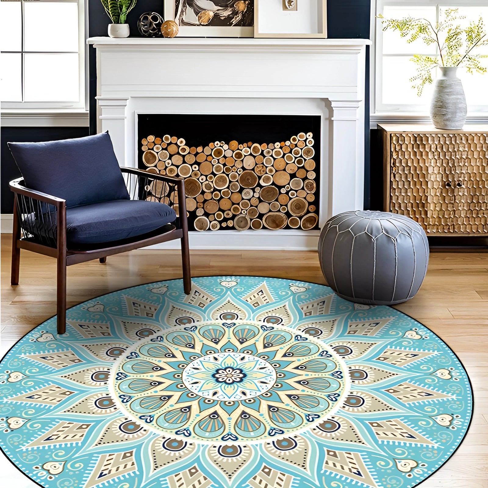 Round blue mandala rug with intricate bohemian design on a wooden floor, surrounded by green and blue tones.