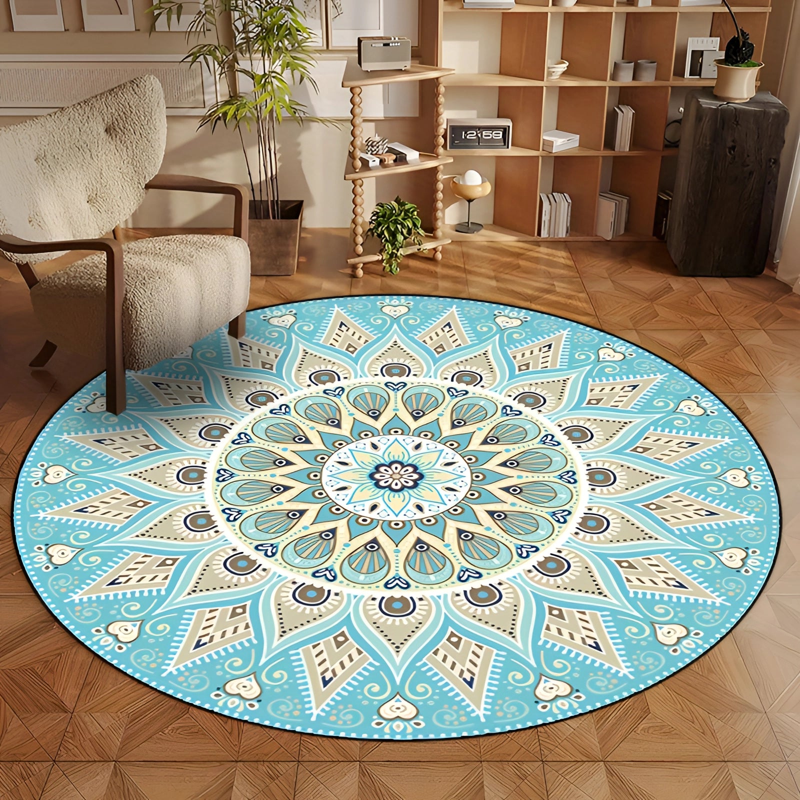 Round blue mandala rug with intricate bohemian turquoise design placed on wooden tile flooring in a well-lit room with modern interior design elements.