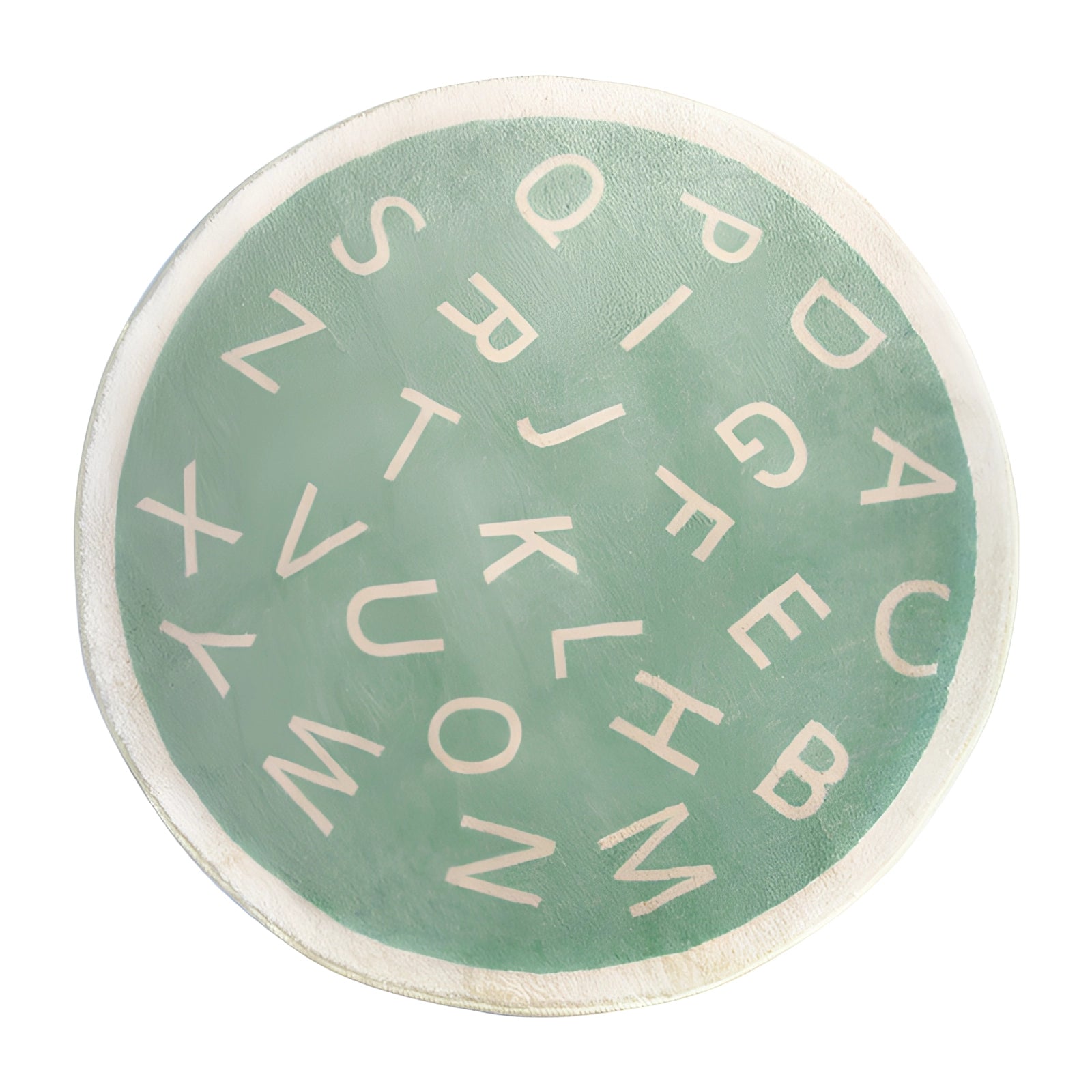 Round green alphabet rug designed for educational purposes in nurseries and playrooms, featuring a circular shape with letters pattern, measuring 80 x 80 cm.