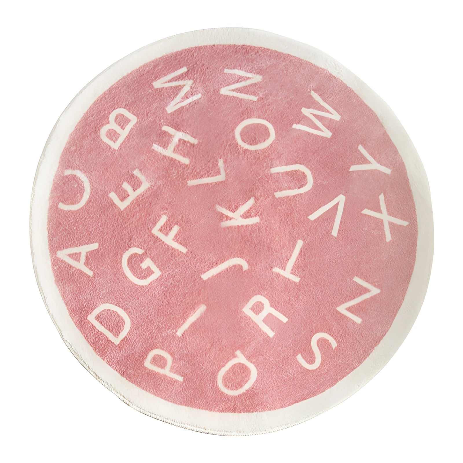 
Round pink rug with green alphabet letters, designed for educational use in nurseries and playrooms, measuring 80 x 80 cm.