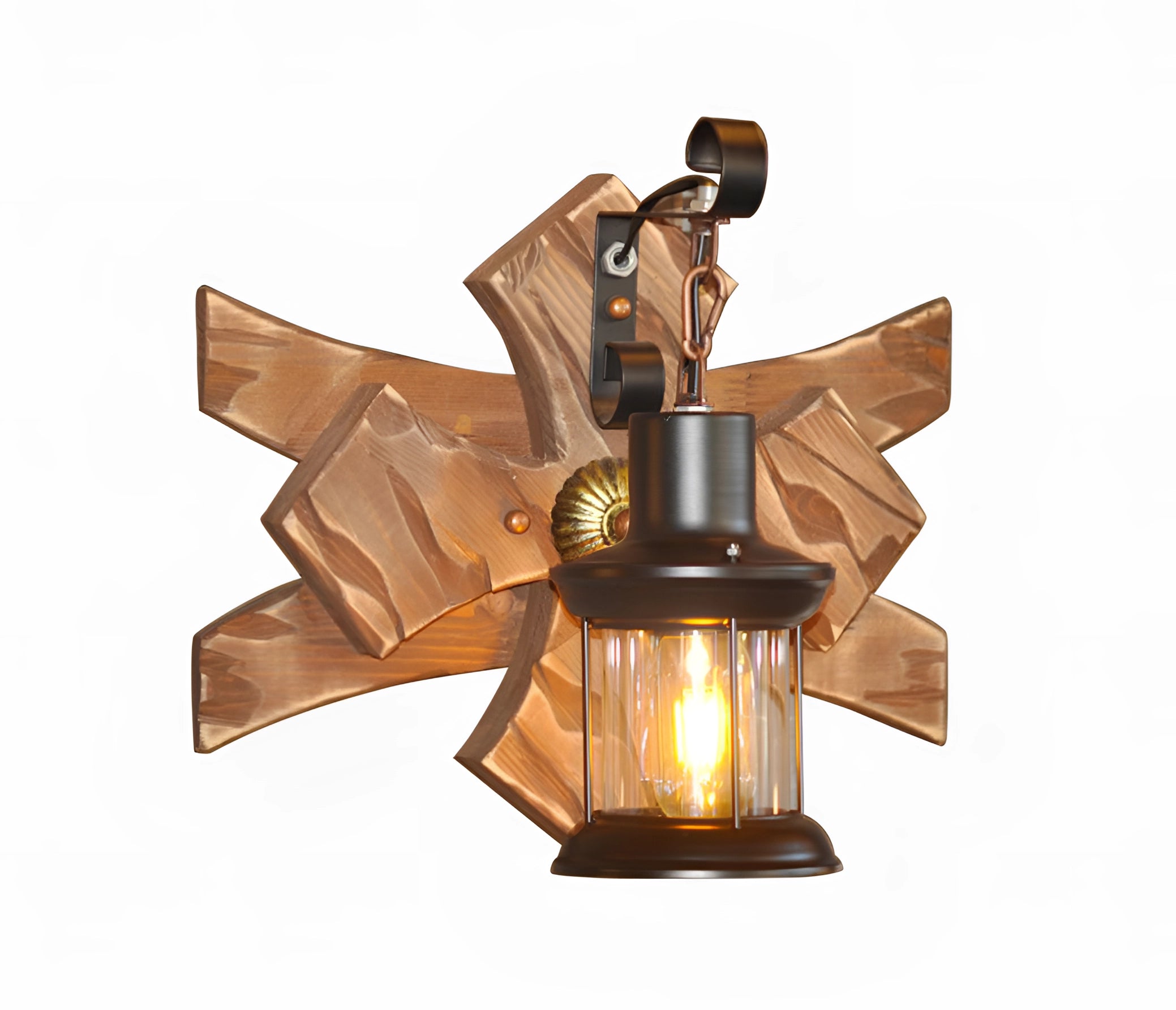 Rustic wooden star wall sconce featuring an industrial glass lantern with metal and copper accents.