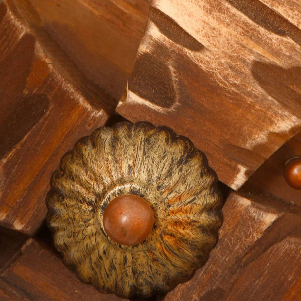 Rustic wooden star wall sconce with an industrial glass lantern, featuring a brown stained hardwood design, showcasing natural wood patterns and metal accents.