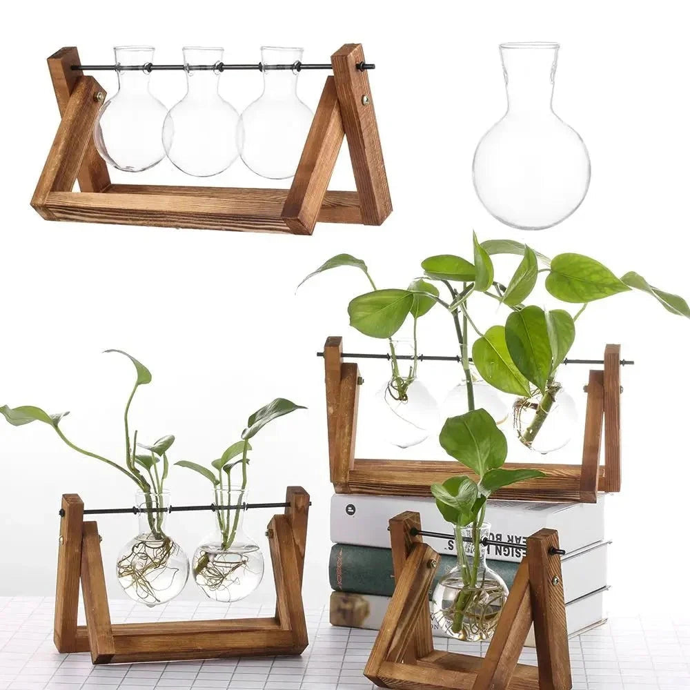 Rustic wooden vase holder in a minimalist triangular design, featuring a glass container with a houseplant placed inside, surrounded by a cozy room setting with natural lighting.