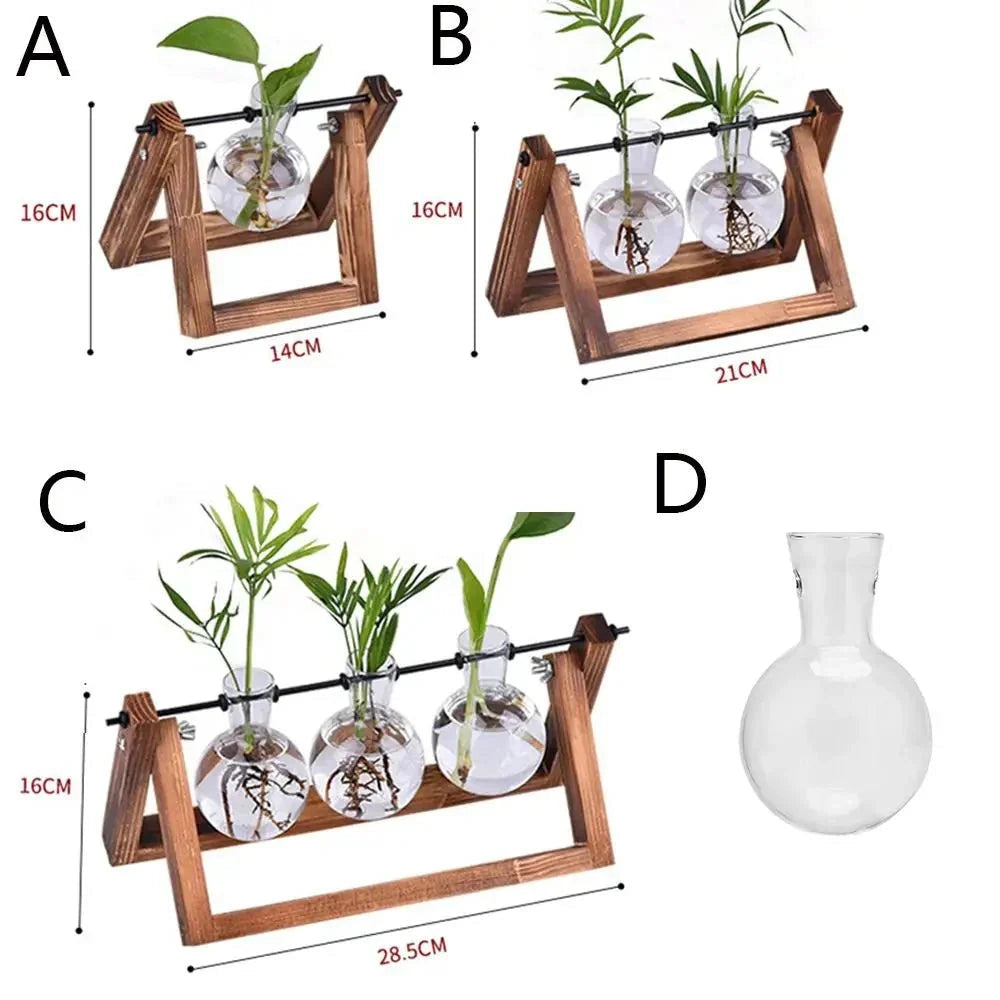 Rustic wooden vase holder featuring a minimalist triangular stand with a glass vase, displaying a greenery-filled houseplant.