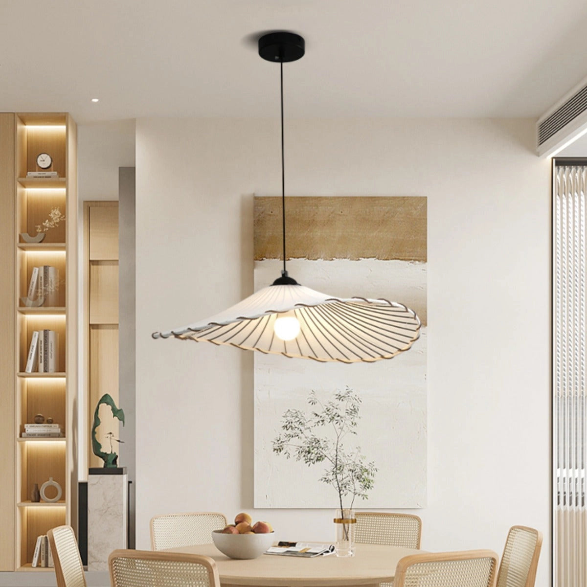 Scalloped LED Pendant Light with Gold Interior, Modern Tiered Chandelier, Cold Light, hanging in a stylish room with white furniture, wood table, beige textiles, and indoor plants.