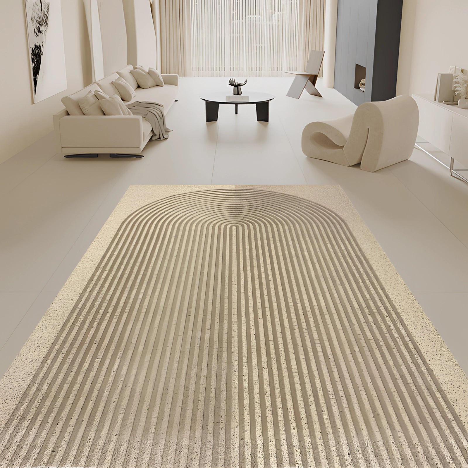 Scandinavian Arched Line Rug in minimalist monochrome design displayed on a wooden floor, surrounded by light-colored furniture and accented by a modern black and white color palette.