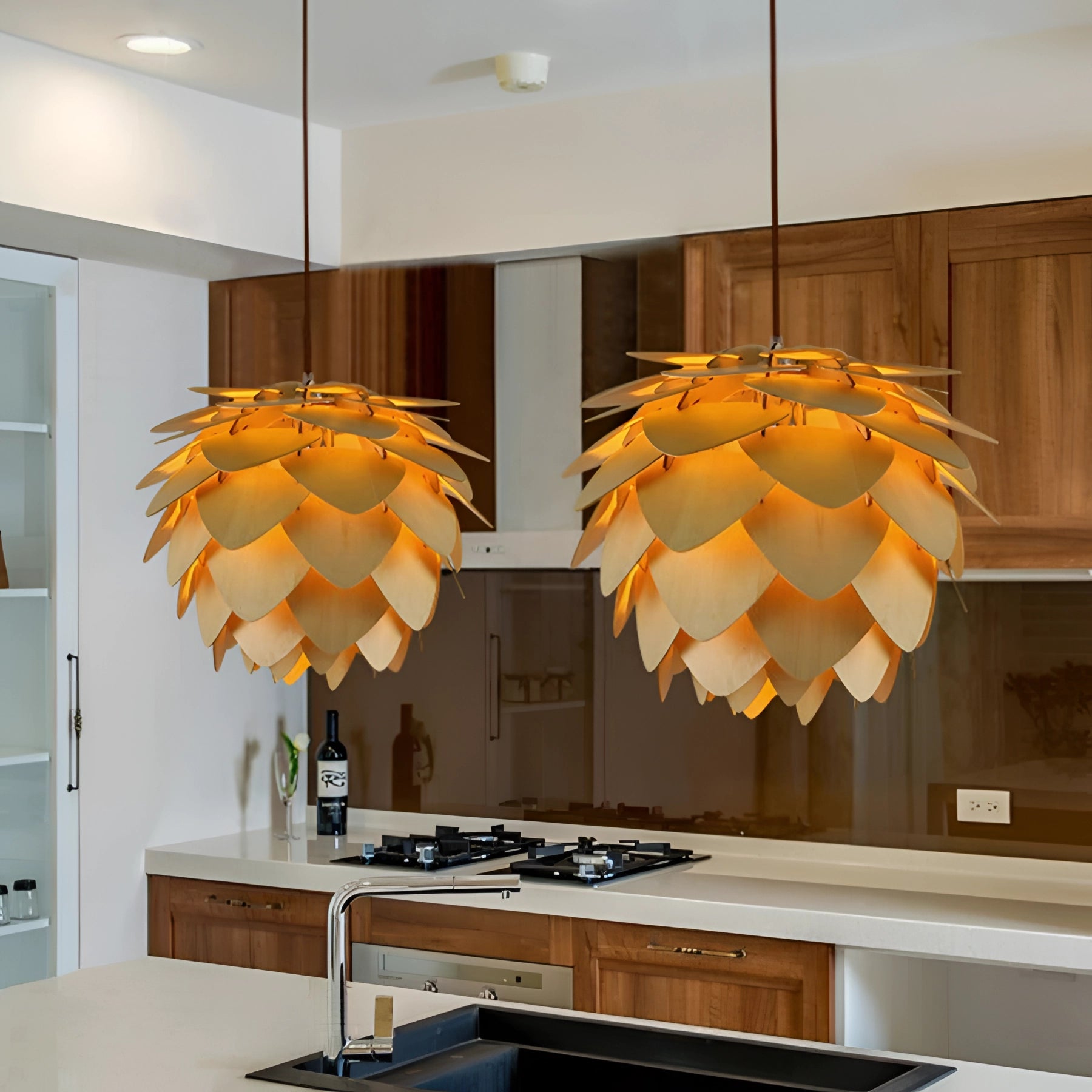 Modern Scandinavian Pinecone Pendant Light with amber and orange tones, displayed in an interior setting, showcasing its organic design with wood elements.