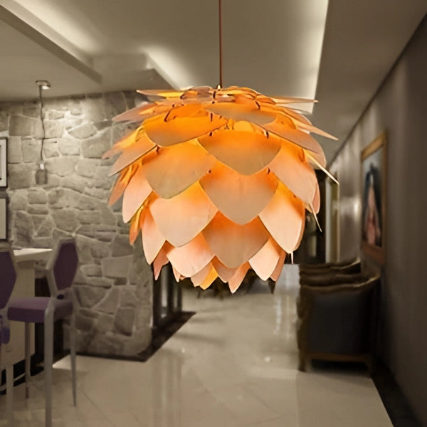 Scandinavian Pinecone Pendant Light with amber tones, featuring a modern organic design hanging from the ceiling.