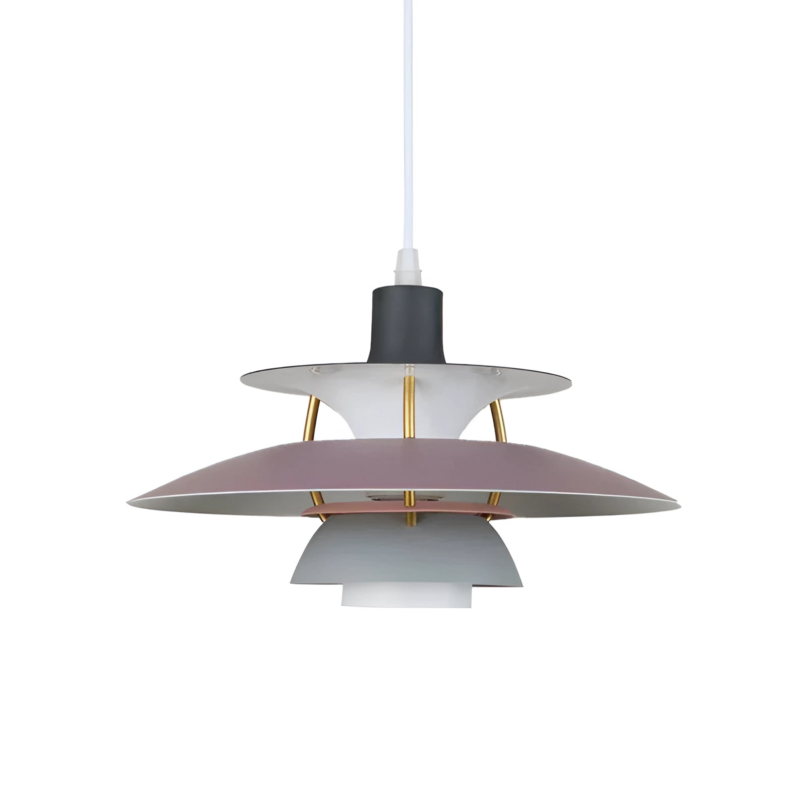 Scandinavian tiered LED pendant light with adjustable height, featuring a modern design and symmetrical metal structure hanging from the ceiling.