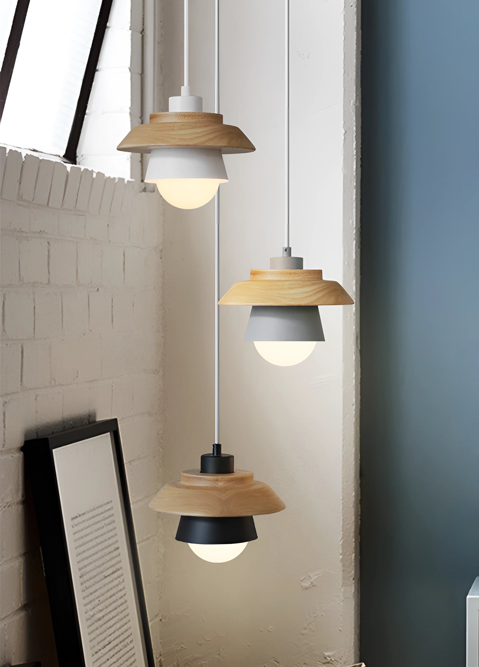 Scandinavian wooden pendant light with a modern eco-friendly design, featuring a white shade and a wooden fixture, suitable for enhancing interior design with its minimalist aesthetic.