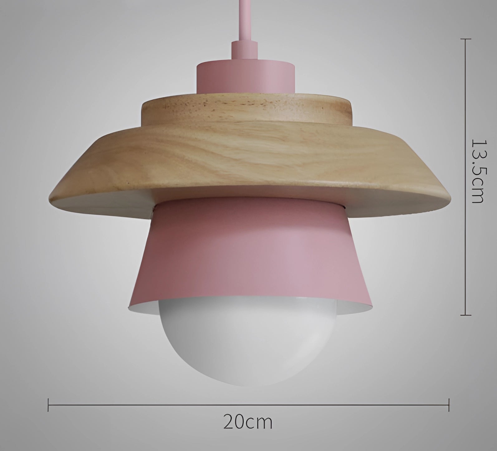 Scandinavian wooden pendant light featuring a modern eco-friendly design, with a beige and peach cone-shaped lampshade that resembles a paper-like texture, hanging from the ceiling.