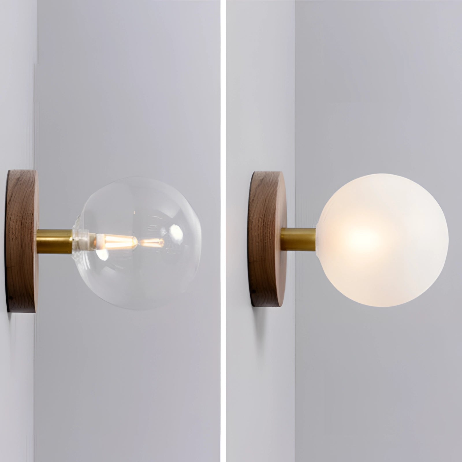 Scandinavian wooden wall sconce with a minimalist, modern design, mounted on a wooden wall next to a door with a metal handle and deadbolt.