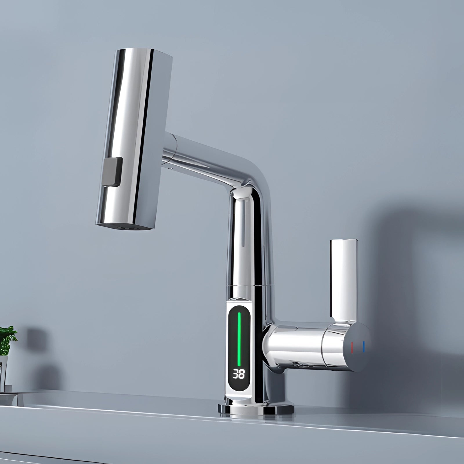 Smart silver faucet with a digital temperature display and touchscreen interface, set against a modern kitchen backdrop with a houseplant in a decorative flowerpot.