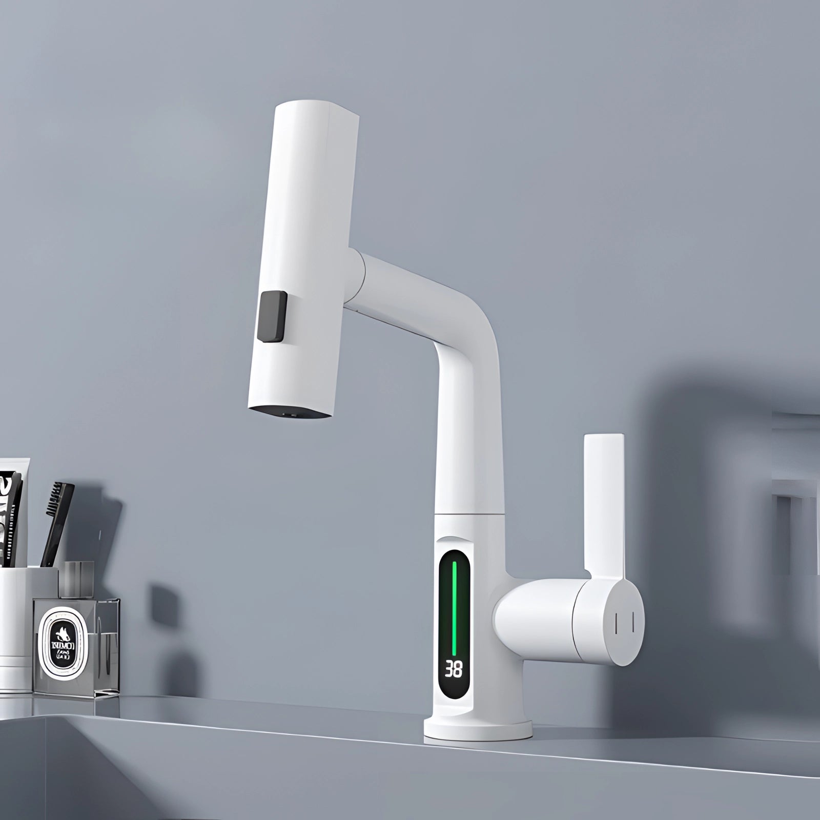 Smart white faucet with digital temperature display and touchscreen, featuring sleek design and modern fixture suitable for contemporary kitchens or bathrooms.