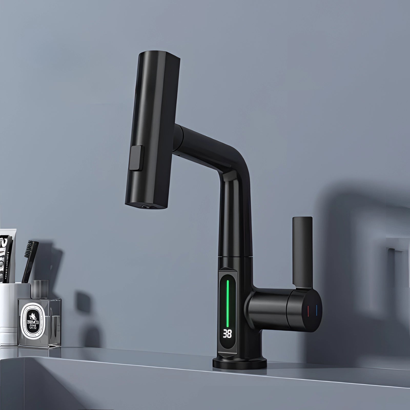 
Black smart faucet with a sleek digital temperature display and touchscreen interface, featuring a modern design and smooth handle.