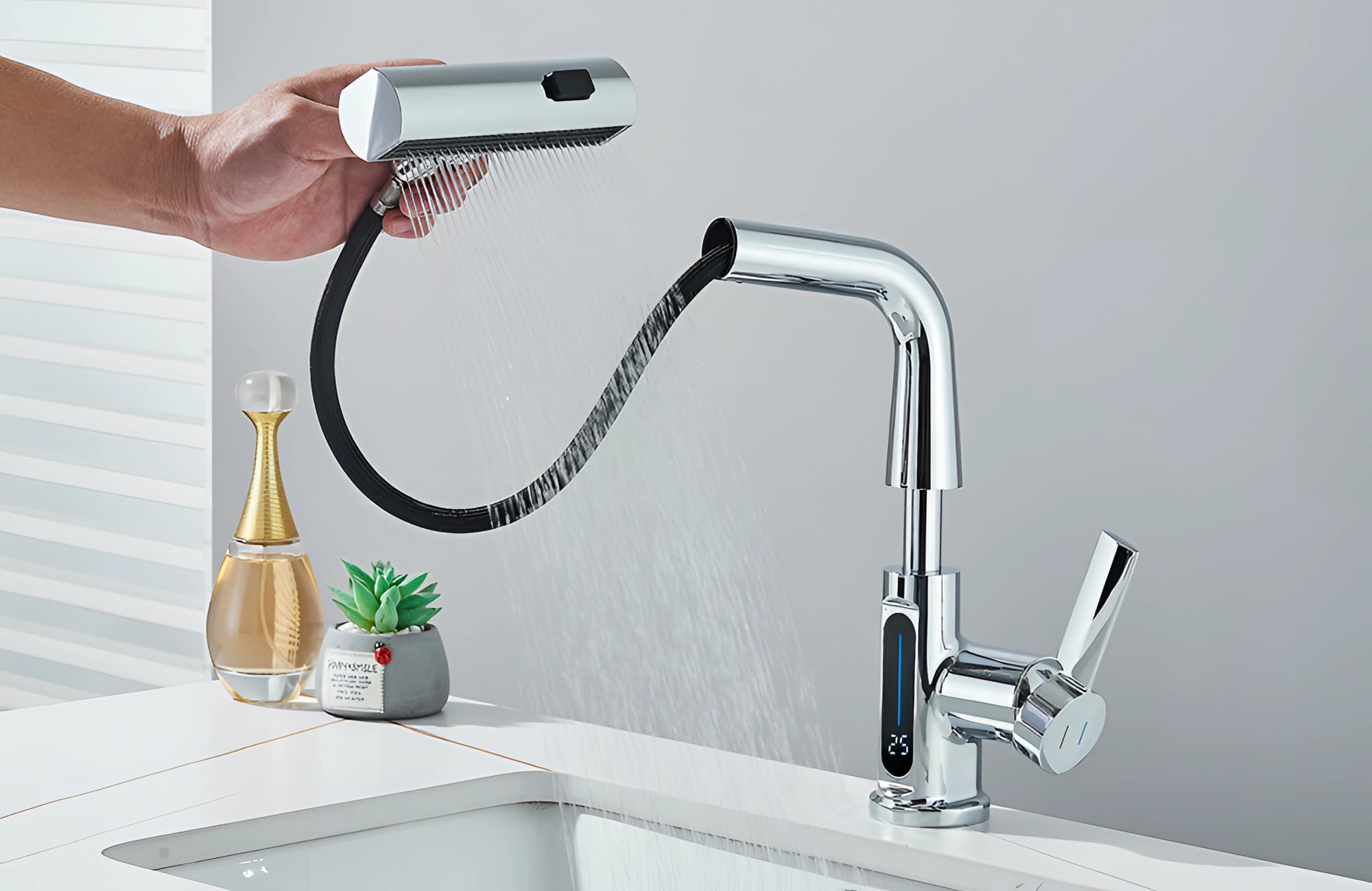 Smart Touchless Faucet with Temp Display & Pull-Out Spray