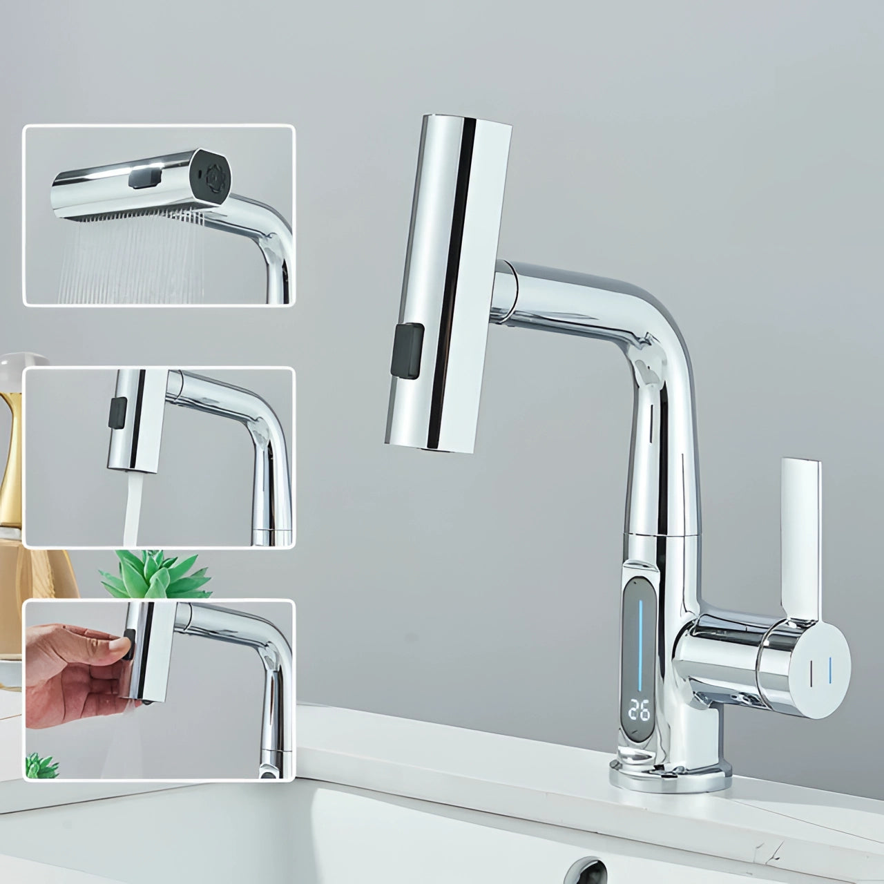 Smart Touchless Faucet with Temp Display & Pull-Out Spray