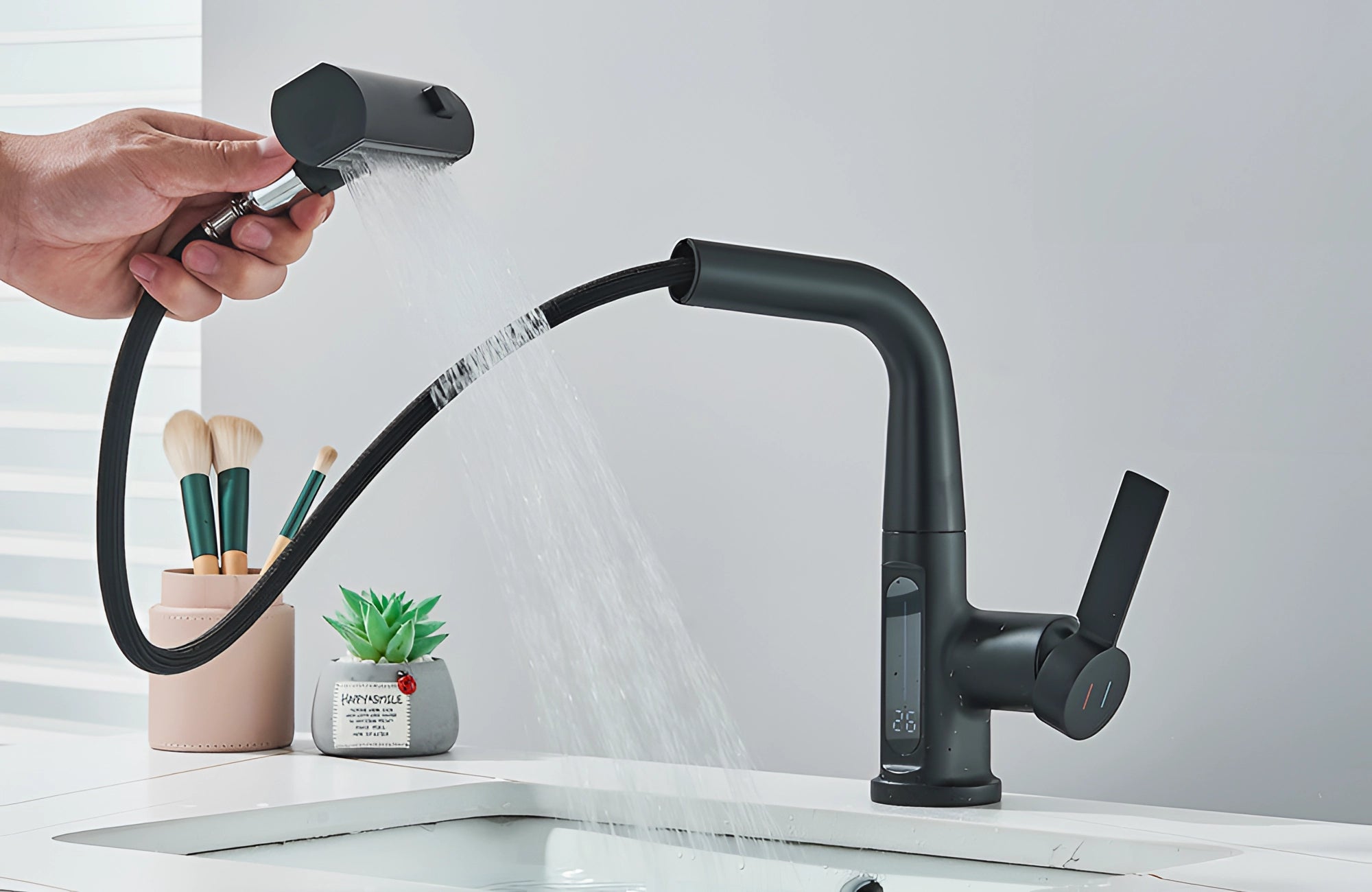 Smart Touchless Faucet with Temp Display & Pull-Out Spray