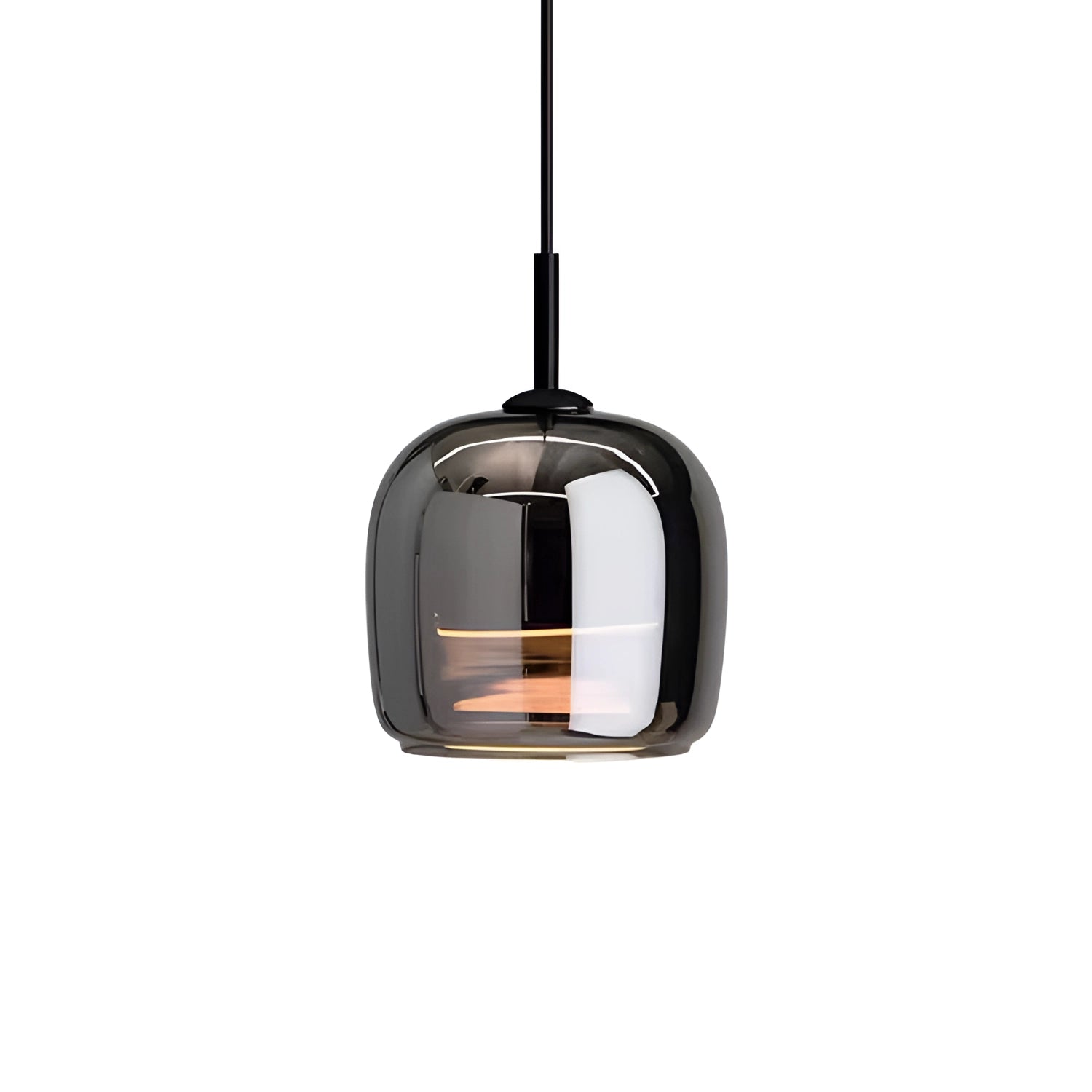 Minimalist industrial smoked glass pendant light hanging from ceiling with metal and wood accents, designed for kitchens.