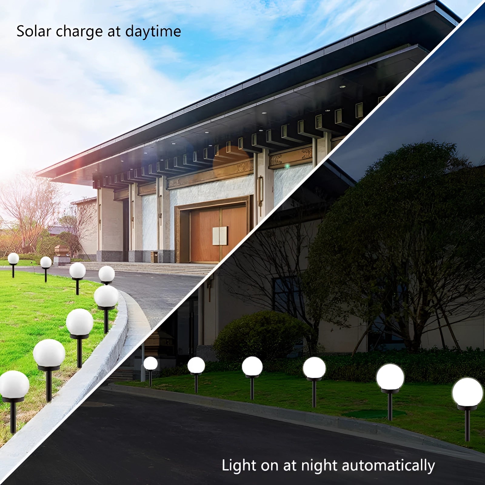 Solar LED garden sphere lights illuminating a grassy area at dusk with a building in the background and a partially cloudy sky.