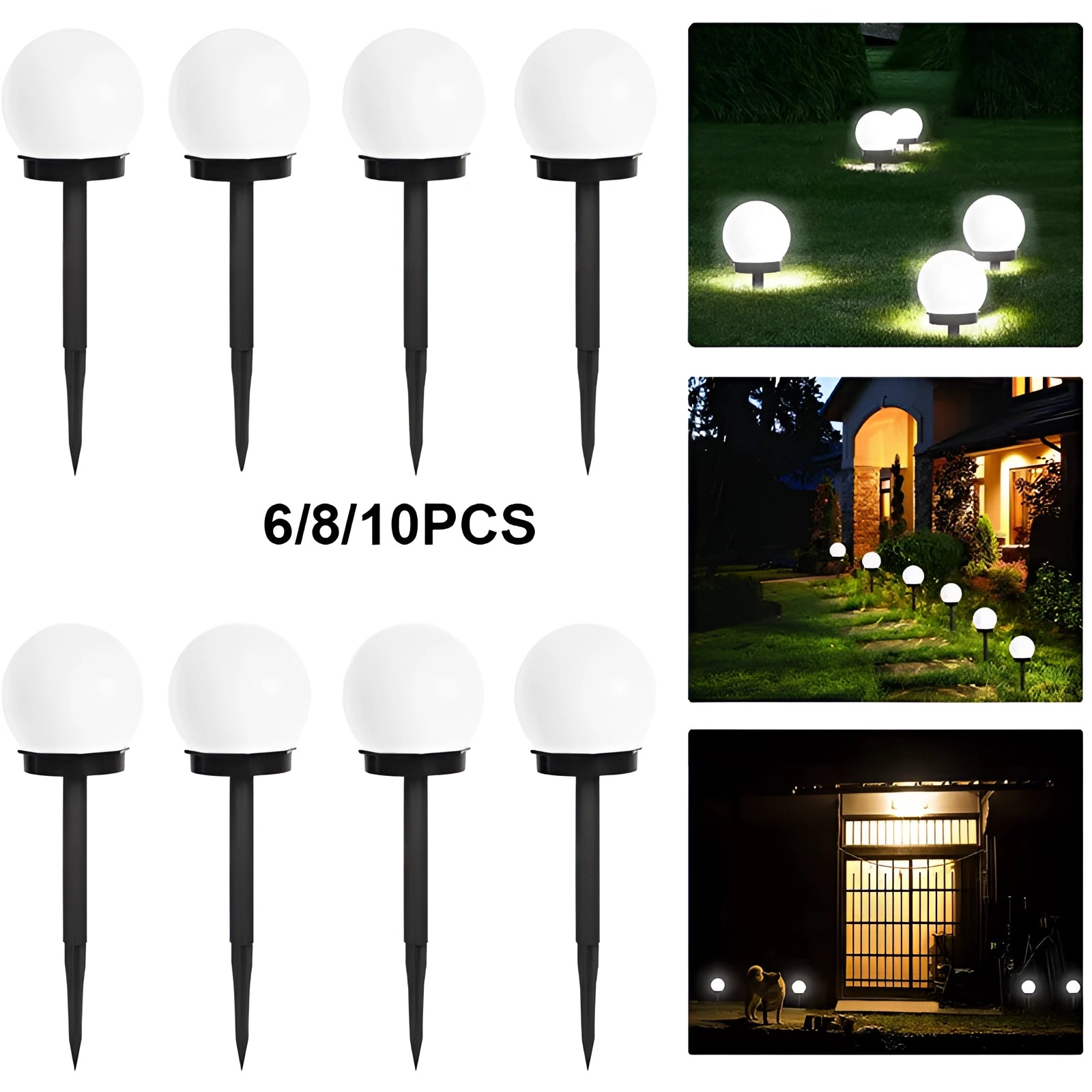 Solar LED garden sphere lights displayed outdoors with six spherical lights, showcasing their waterproof design and eco-friendly features ideal for illuminating gardens from dusk to dawn.