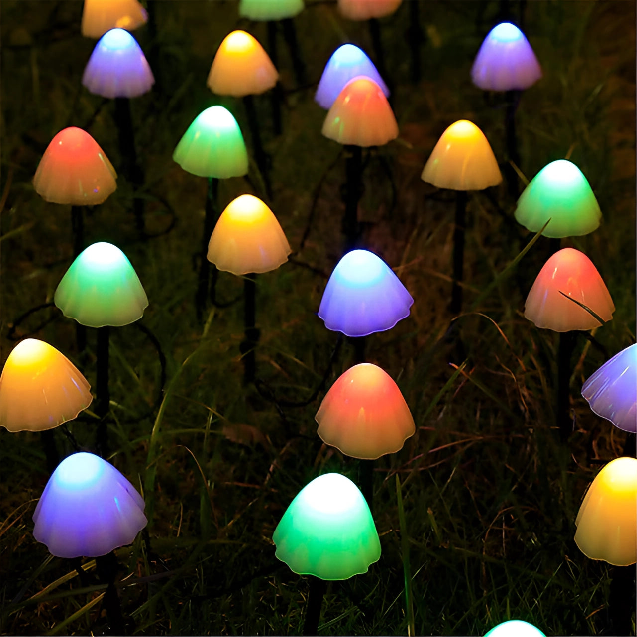 Solar LED mushroom garden lights glowing in a dark outdoor setting, showcasing their waterproof feature with a blue hue, enhancing the natural beauty of the yard decor.