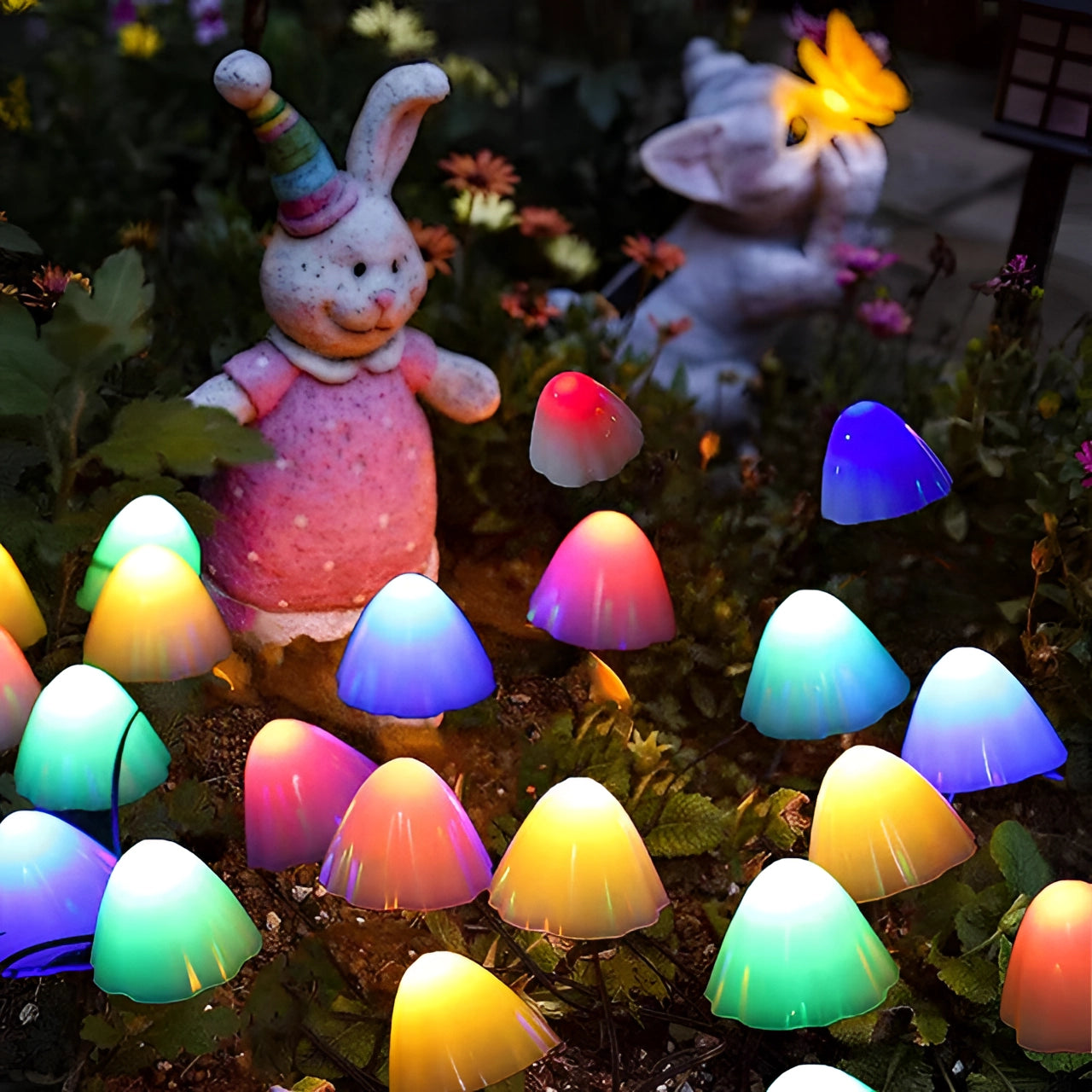 Solar LED mushroom garden lights in RGB color, featuring 30 LED bulbs on a 6.5-meter string, beautifully illuminating a yard with vibrant pink and magenta hues. The lights are depicted nestled among green grass and plants, creating a festive and decorative outdoor ambiance, ideal for holiday ornaments or artistic garden displays.