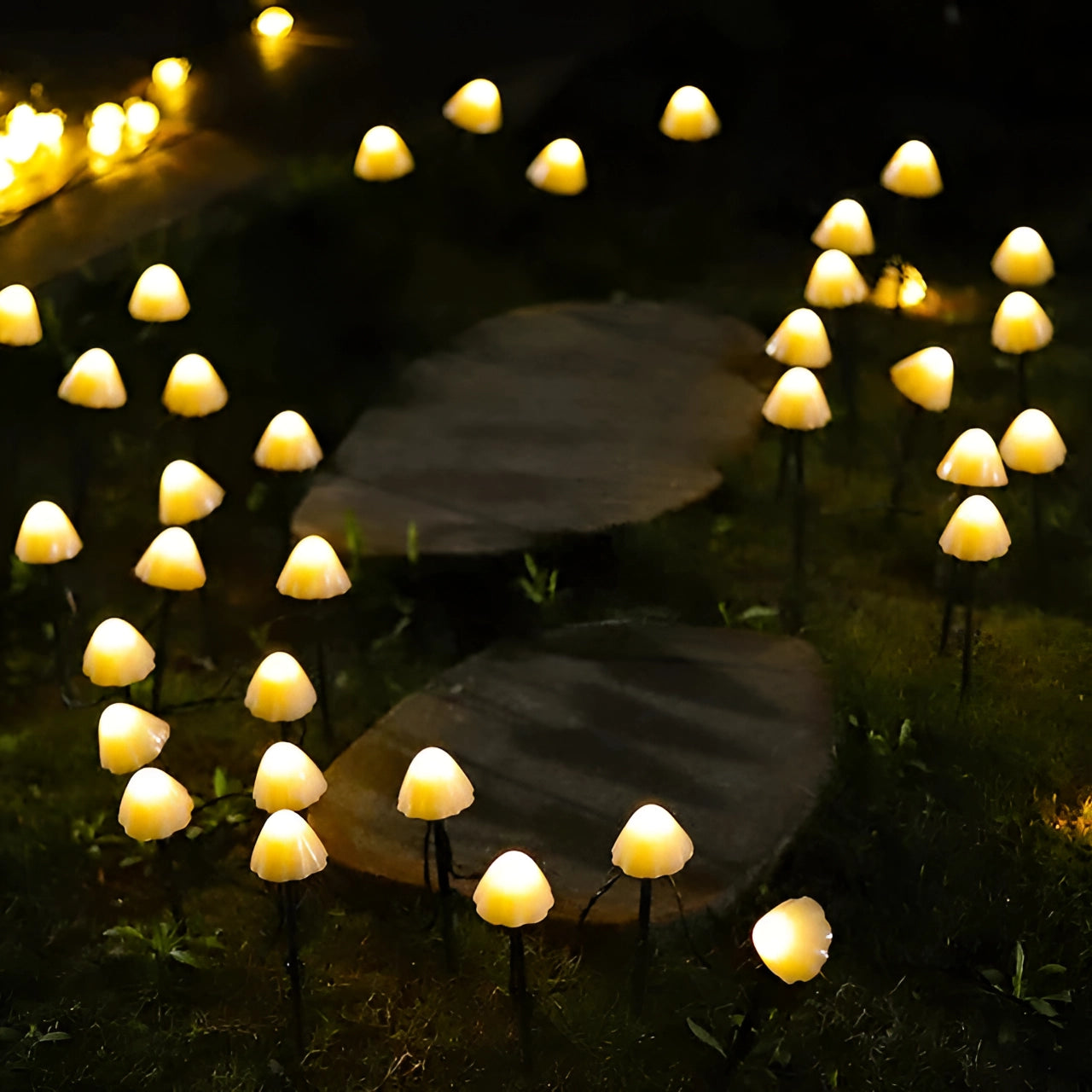 Solar LED mushroom-shaped garden lights illuminating a dark yard, with a natural landscape backdrop, creating a whimsical and enchanting outdoor decor.