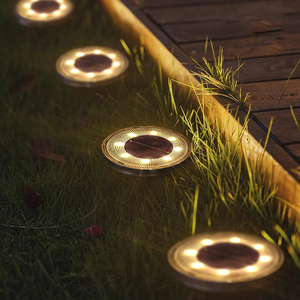 Solar LED pathway lights illuminating a garden pathway surrounded by grass and evergreen plants.