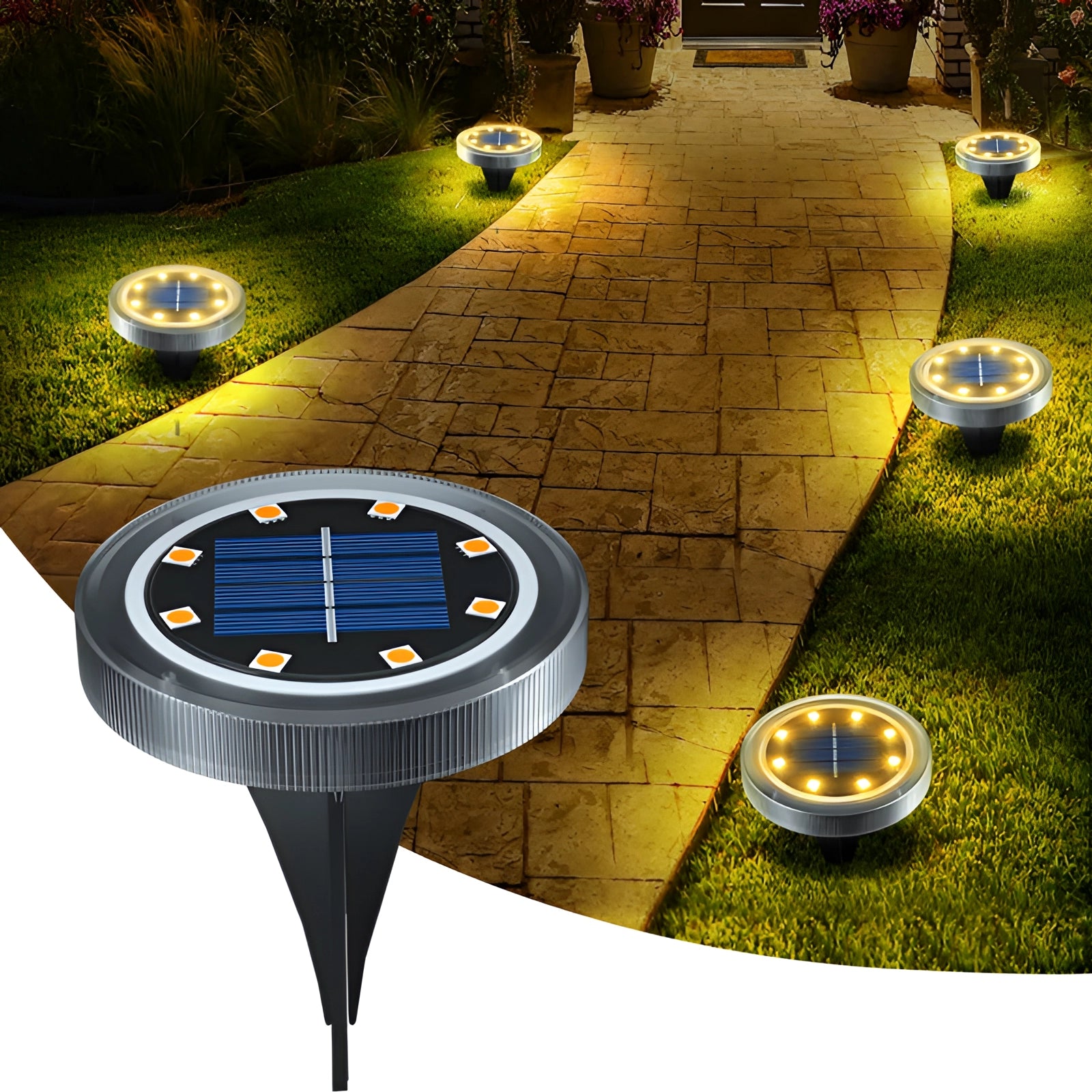 A set of 20 solar LED pathway lights illuminating a garden path at night, highlighting their waterproof, energy-efficient design.