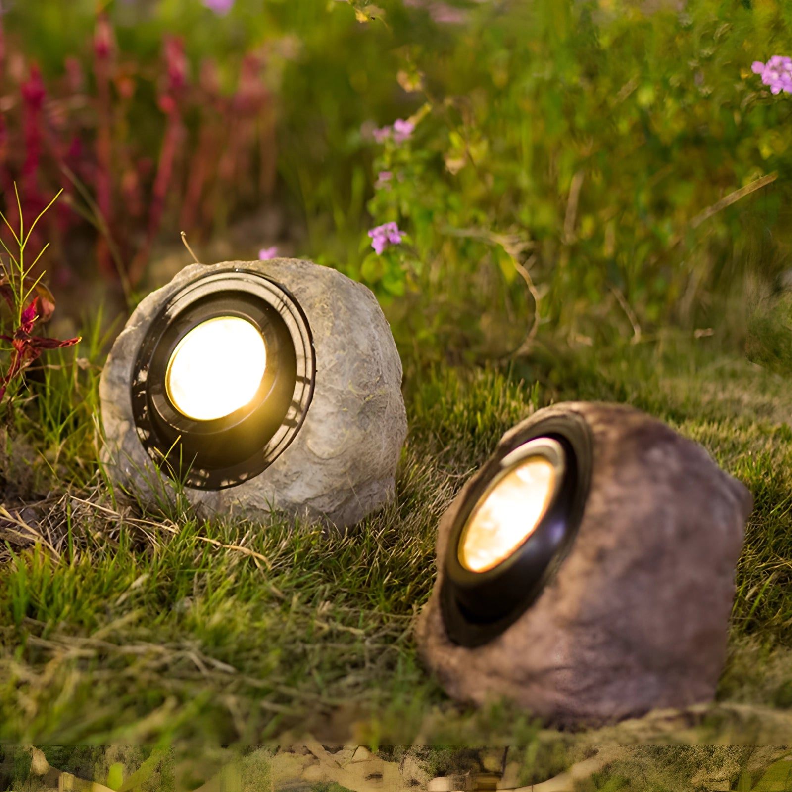 Solar-powered LED rock lights illuminating a garden with plants, flowers, grass, and soil in the background.