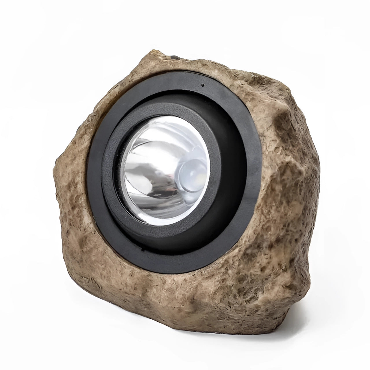 Solar-powered LED rock light in granite finish, decorative waterproof garden accessory, resembling natural bedrock.