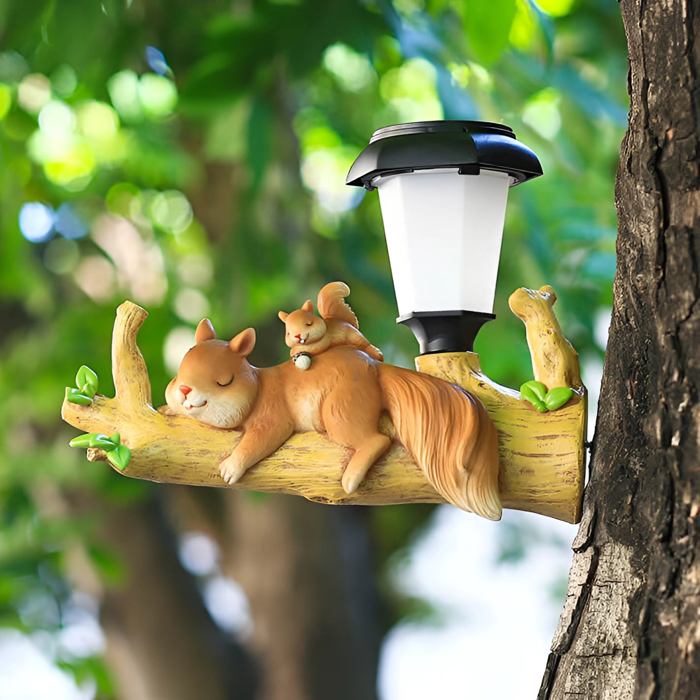 Squirrel-shaped solar garden lamp featuring an LED light, placed outdoors among plants and tree trunks.