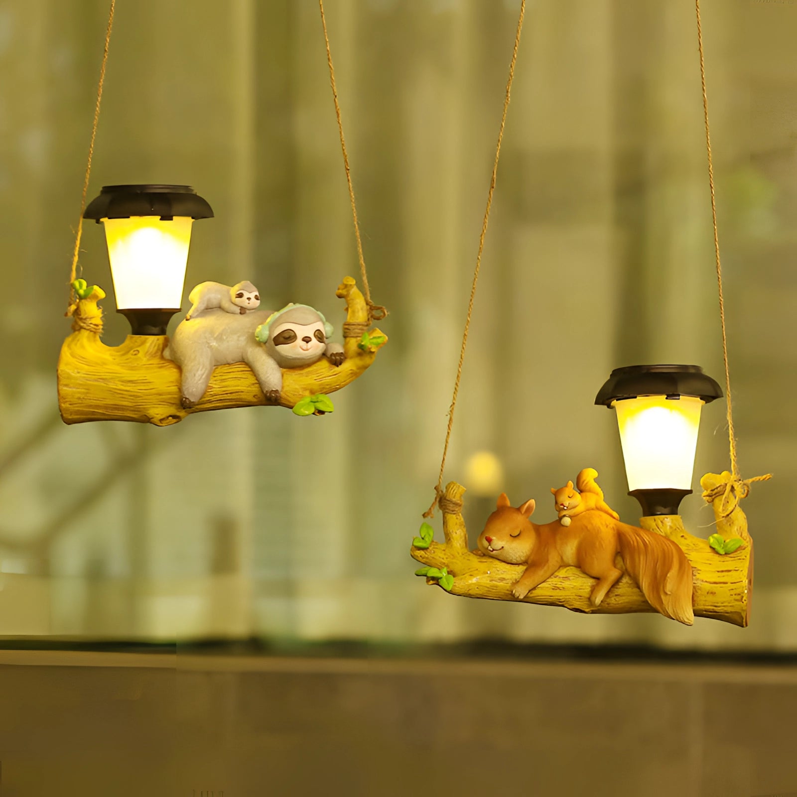 Squirrel-shaped solar garden lamp with LED light, featuring a yellow glow, designed for outdoor use. The lamp is made of a combination of wood and metal elements, resembling a fawn-like artistic sculpture.