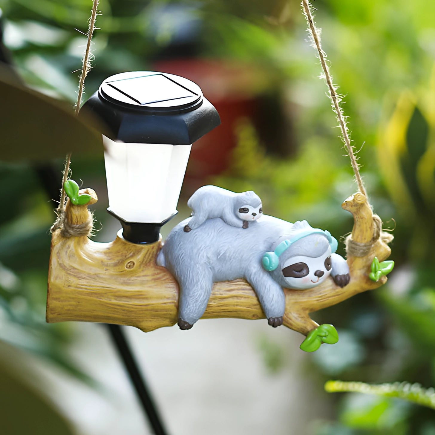 Squirrel-shaped solar garden lamp surrounded by leaves and branches, resembling a playful outdoor animal statue with LED light, set against a background of grass and trees.