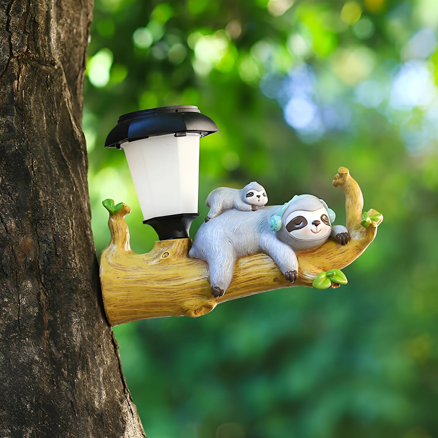 Squirrel-shaped solar garden lamp set amidst lush greenery, resembling a small woodland creature perched on a branch, with an LED light providing a warm glow to the surrounding garden area.